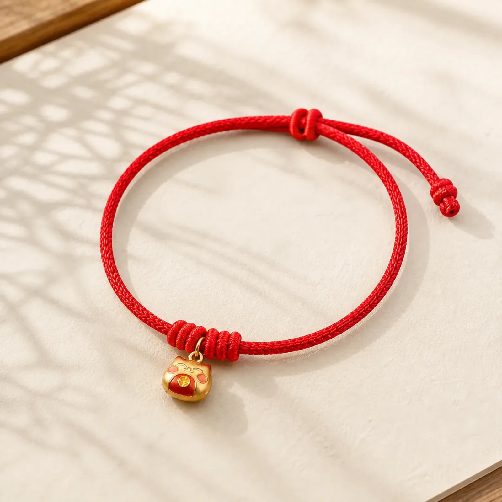 Gold Plated 925 Sterling Silver Cat Red String Protection Bracelet featuring Silver, Red String