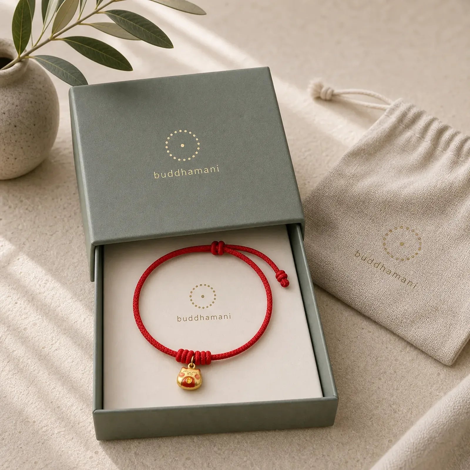 Gold Plated 925 Sterling Silver Cat Red String Protection Bracelet featuring Silver, Red String