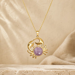 Gold Plated Amethyst Crab Inner Peace Necklace featuring Amethyst, Tiger Eye, Amazonite
