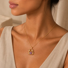 Gold Plated Amethyst Crab Inner Peace Necklace featuring Amethyst, Tiger Eye, Amazonite