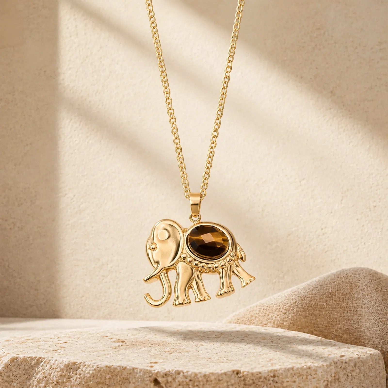 Gold Plated Tiger Eye Elephant Protection Necklace featuring Tiger Eye, Lapis Lazuli (Lazurite), Amazonite