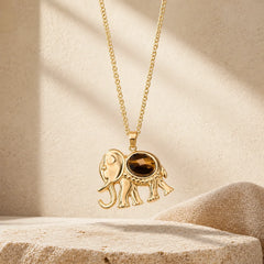 Gold Plated Tiger Eye Elephant Protection Necklace featuring Tiger Eye, Lapis Lazuli (Lazurite), Amazonite