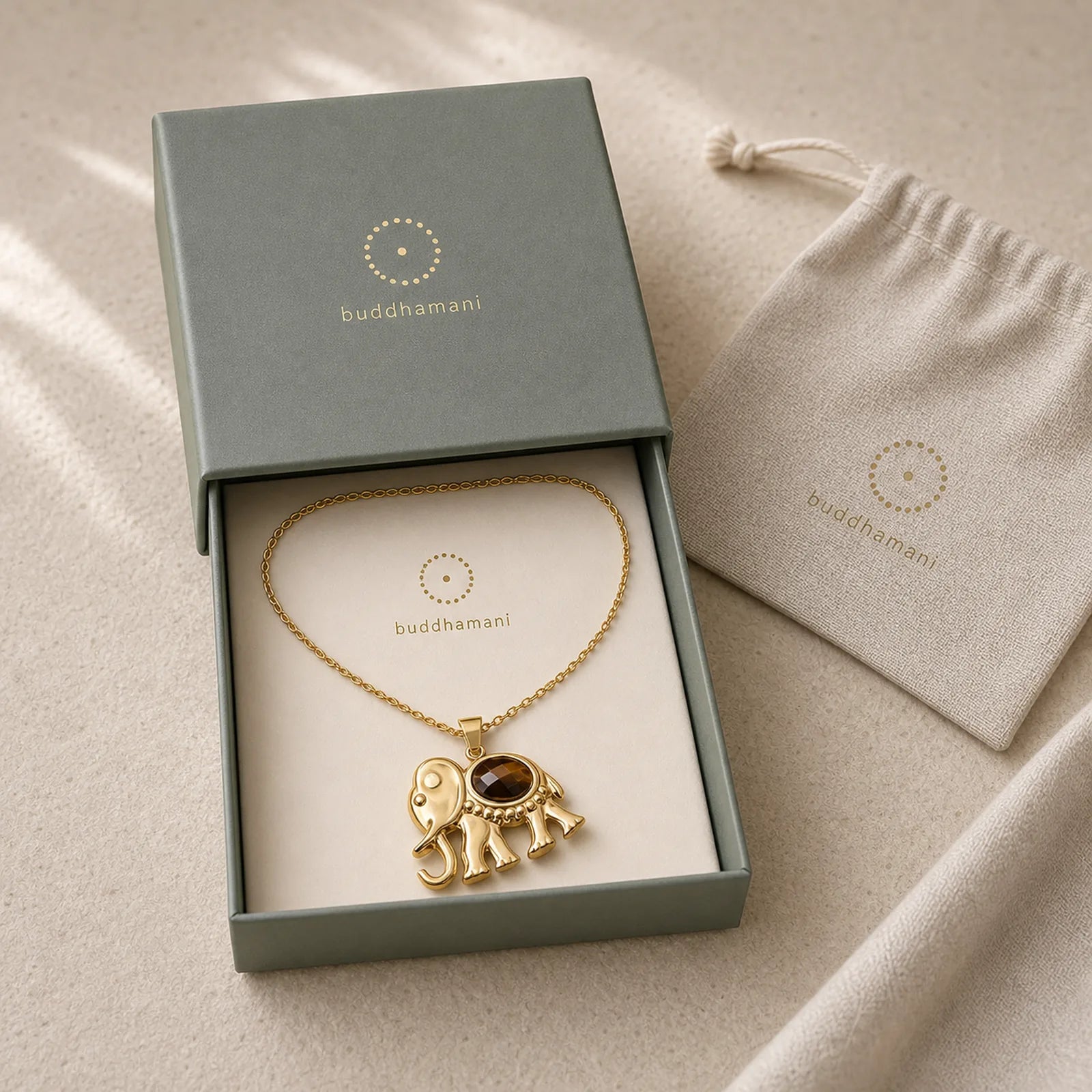Gold Plated Tiger Eye Elephant Protection Necklace featuring Tiger Eye, Lapis Lazuli (Lazurite), Amazonite