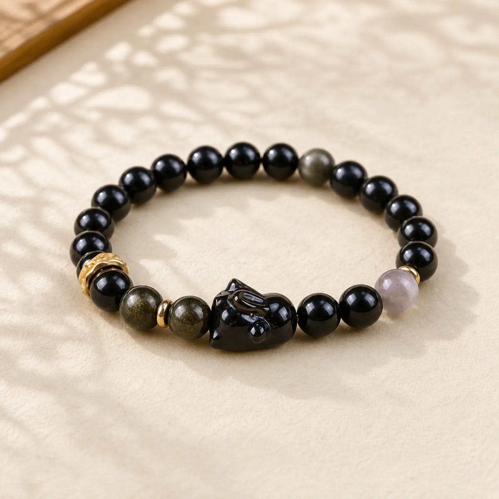 Gold Sheen Obsidian Black Obsidian Silver Sheen Obsidian Cute Rabbit Protection Bracelet featuring Gold Sheen Obsidian, Black Obsidian, Silver