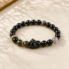 Gold Sheen Obsidian Black Obsidian Silver Sheen Obsidian Cute Rabbit Protection Bracelet featuring Gold Sheen Obsidian, Black Obsidian, Silver
