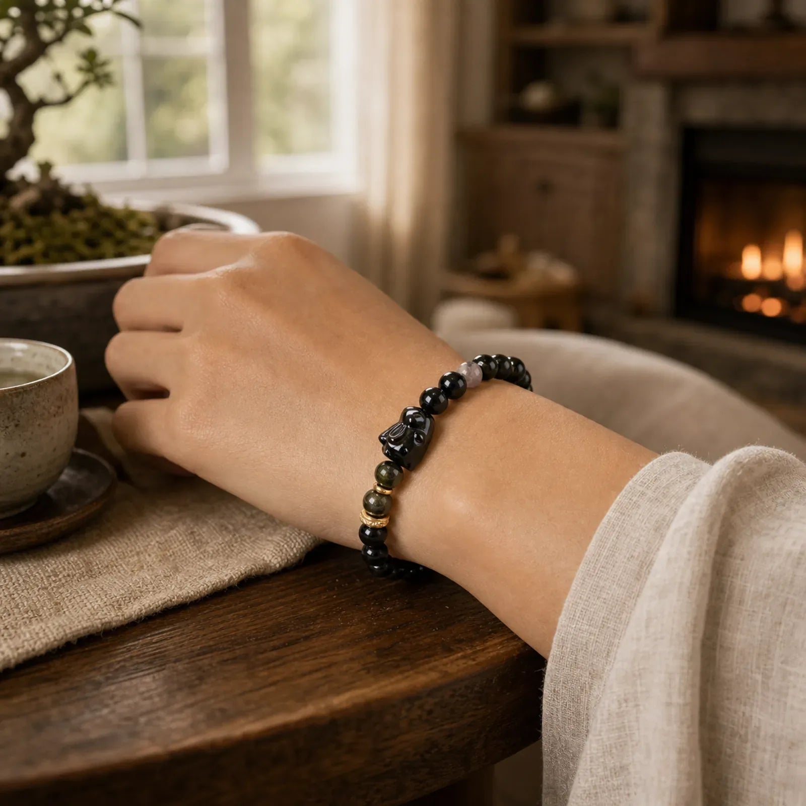 Gold Sheen Obsidian Black Obsidian Silver Sheen Obsidian Cute Rabbit Protection Bracelet featuring Gold Sheen Obsidian, Black Obsidian, Silver