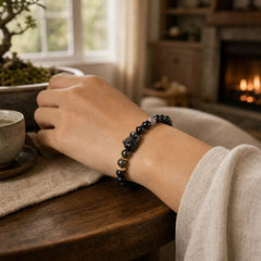 Gold Sheen Obsidian Black Obsidian Silver Sheen Obsidian Cute Rabbit Protection Bracelet featuring Gold Sheen Obsidian, Black Obsidian, Silver