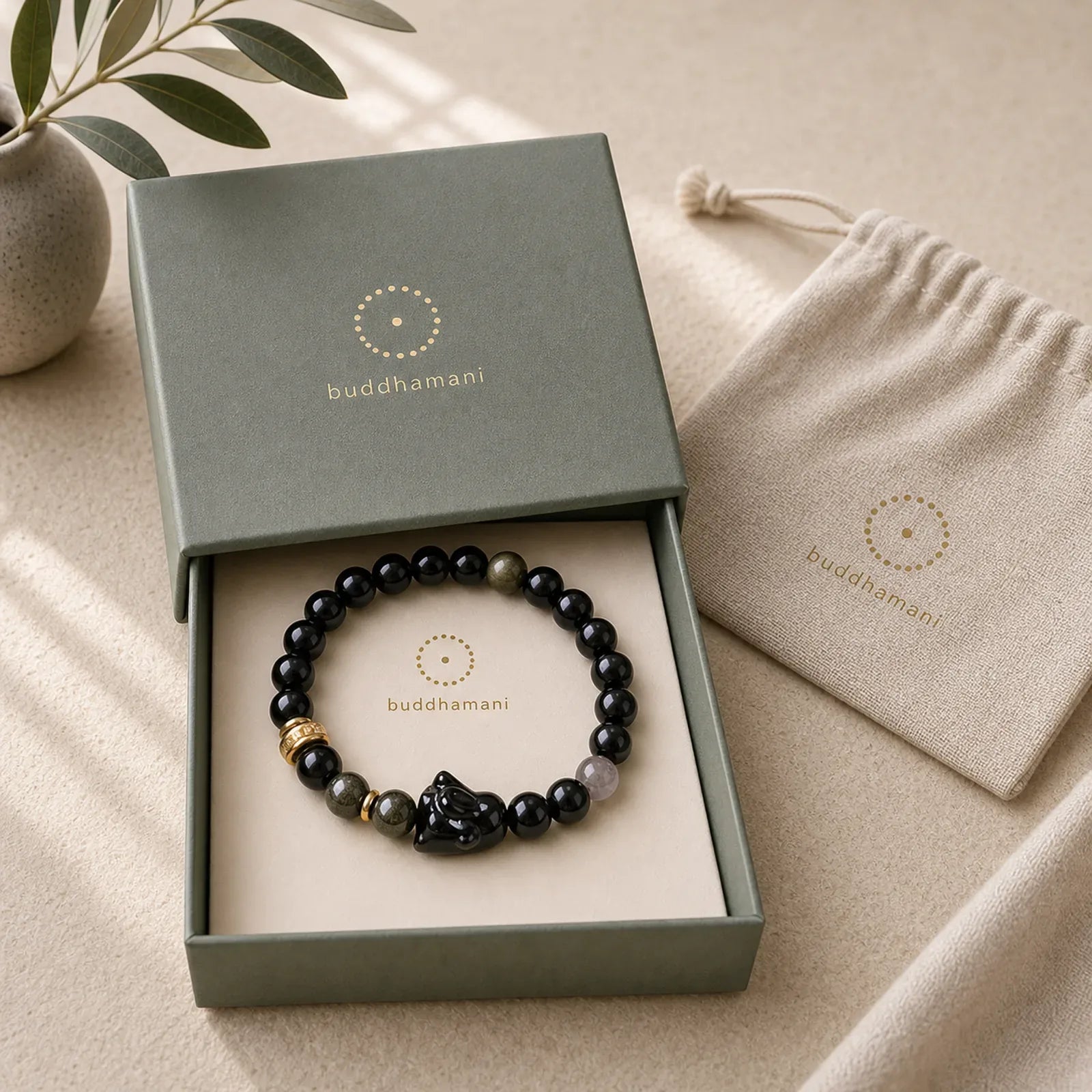 Gold Sheen Obsidian Black Obsidian Silver Sheen Obsidian Cute Rabbit Protection Bracelet featuring Gold Sheen Obsidian, Black Obsidian, Silver