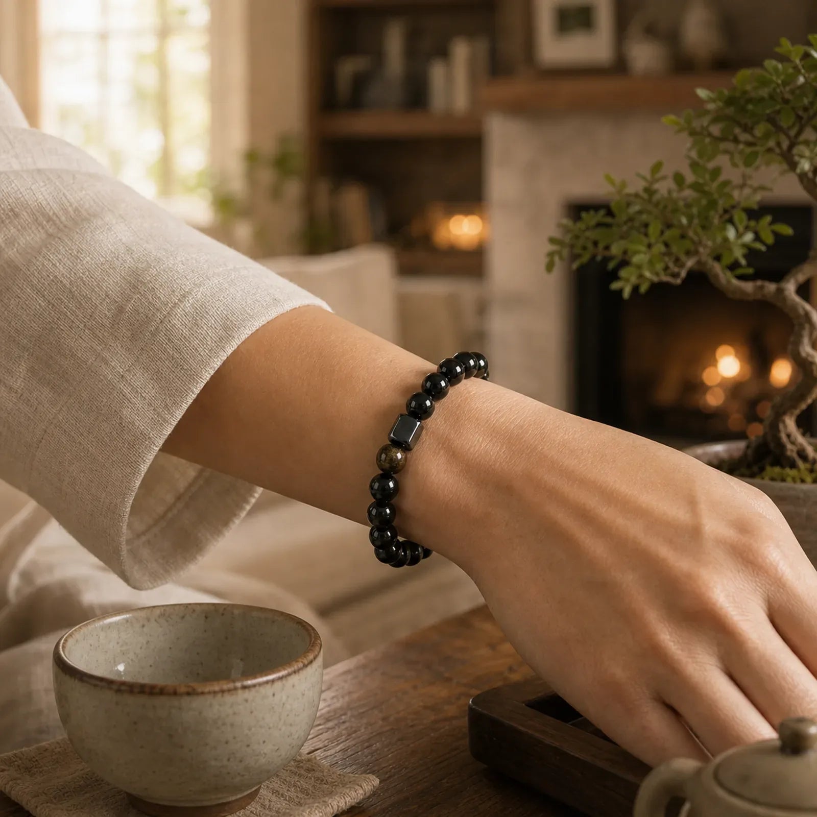 Gold Sheen Obsidian Black Tourmaline Wealth Bracelet featuring Gold Sheen Obsidian, Obsidian, Tourmaline