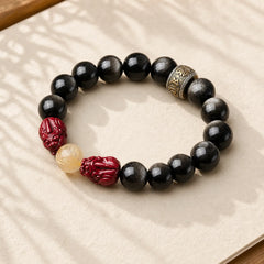 Gold Sheen Obsidian PiXiu Cinnabar Om Mani Padme Hum Protection Bracelet featuring Gold Sheen Obsidian, Obsidian, Pixiu
