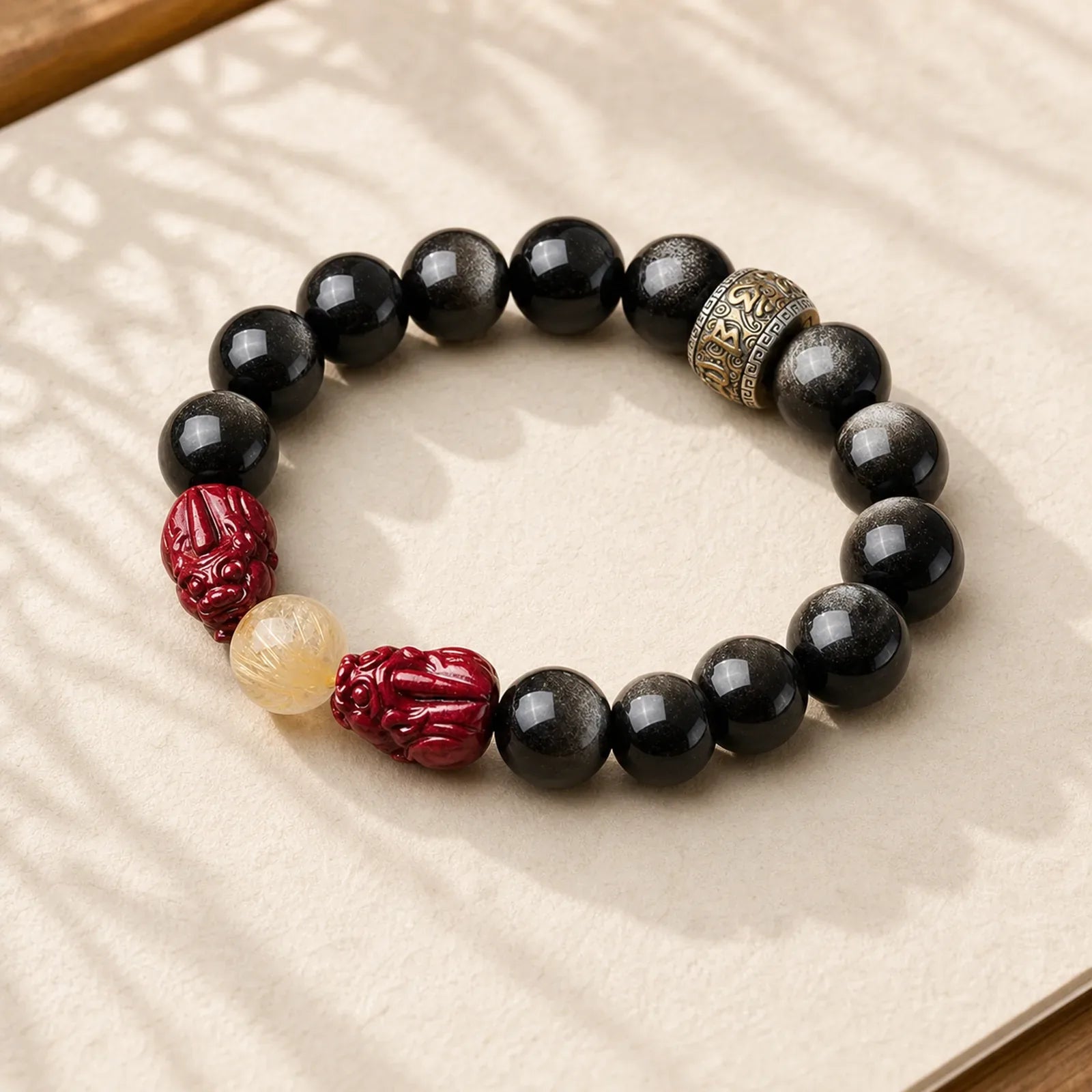 Gold Sheen Obsidian PiXiu Cinnabar Om Mani Padme Hum Protection Bracelet featuring Gold Sheen Obsidian, Obsidian, Pixiu