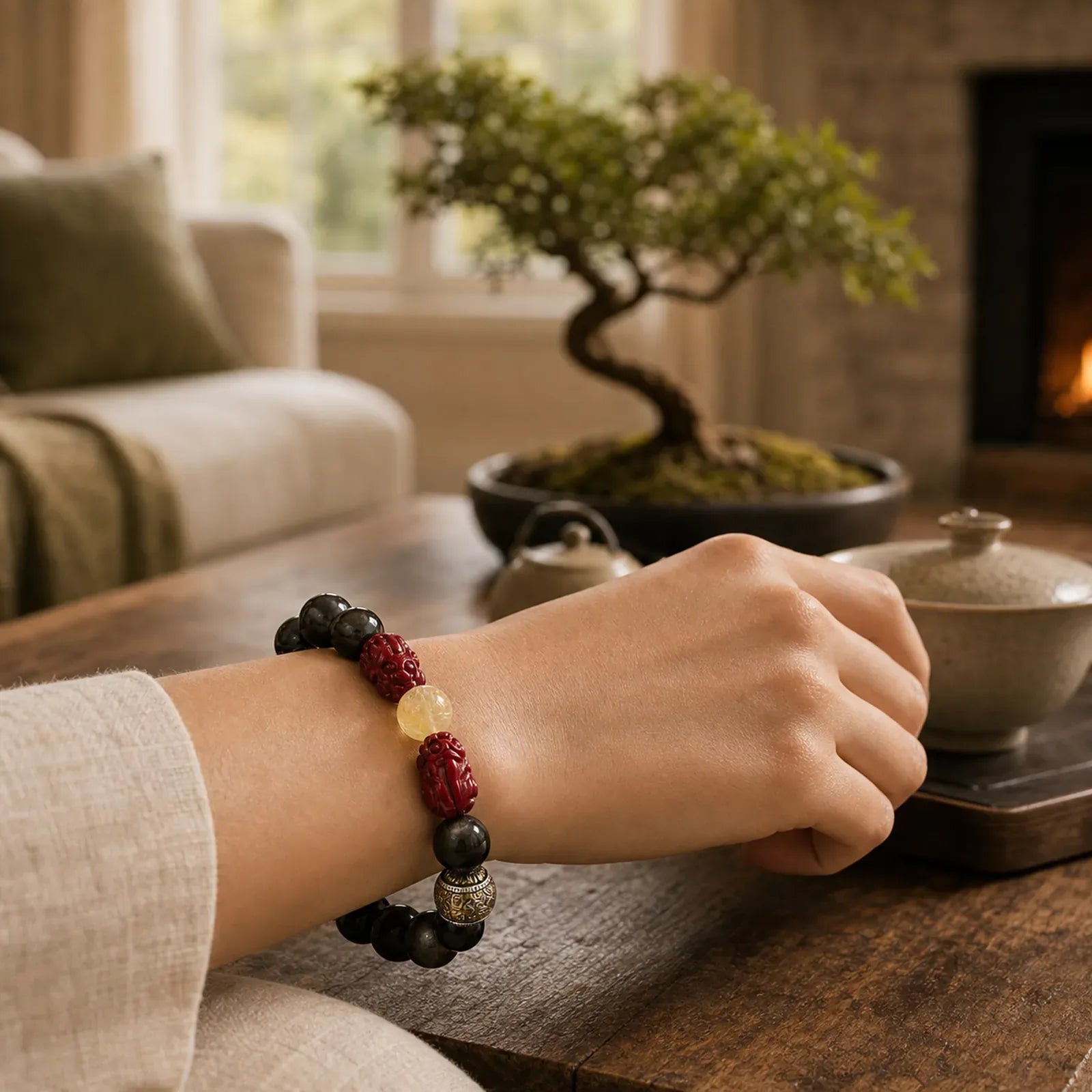 Gold Sheen Obsidian PiXiu Cinnabar Om Mani Padme Hum Protection Bracelet featuring Gold Sheen Obsidian, Obsidian, Pixiu