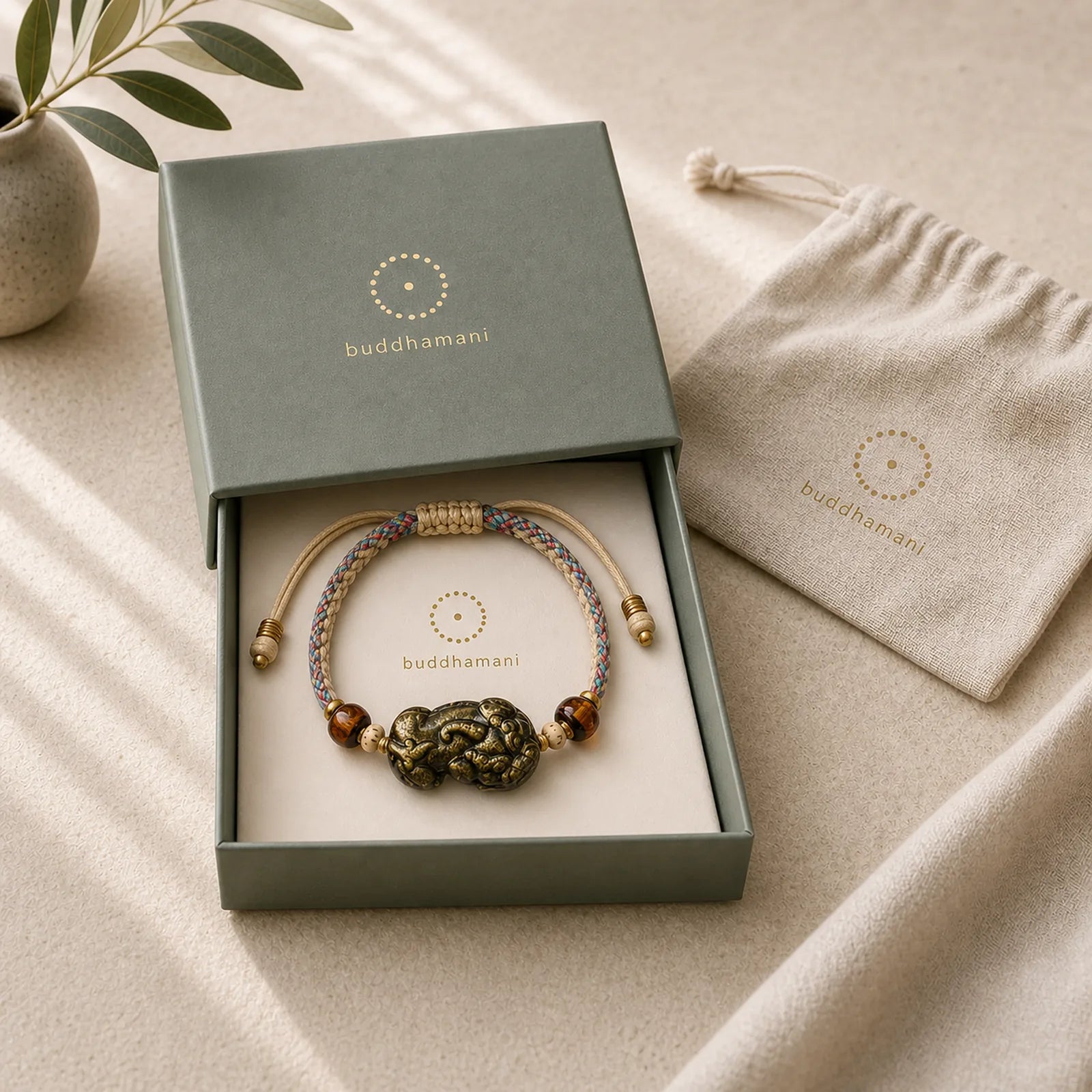 Gold Sheen Obsidian PiXiu Wealth Rope Bracelet featuring Gold Sheen Obsidian, Obsidian, Pixiu