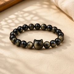 Gold Sheen Obsidian Silver Sheen Obsidian Lovely Paw Lucky Cat Protection Bracelet featuring Gold Sheen Obsidian, Obsidian, Silver