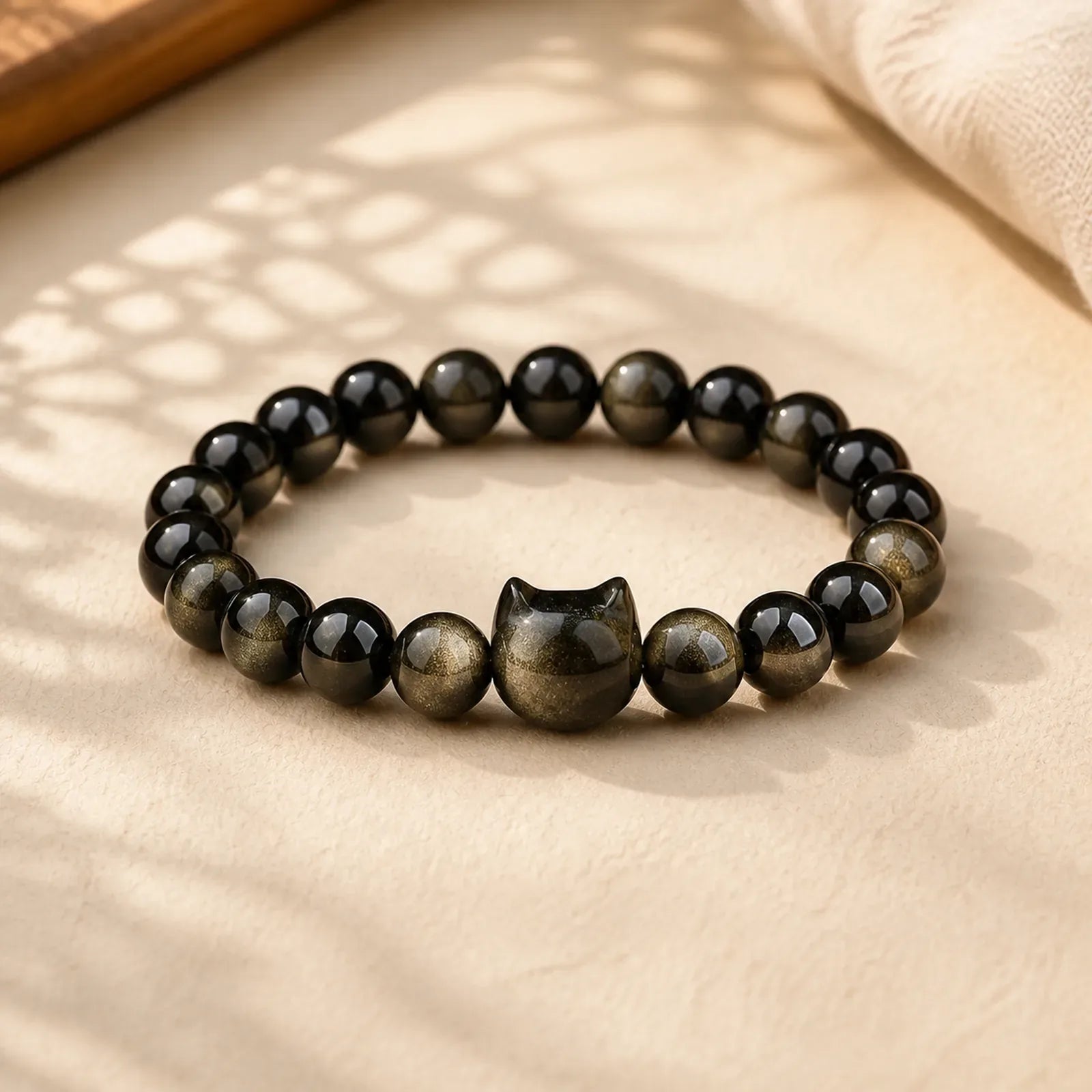 Gold Sheen Obsidian Silver Sheen Obsidian Lovely Paw Lucky Cat Protection Bracelet featuring Gold Sheen Obsidian, Obsidian, Silver