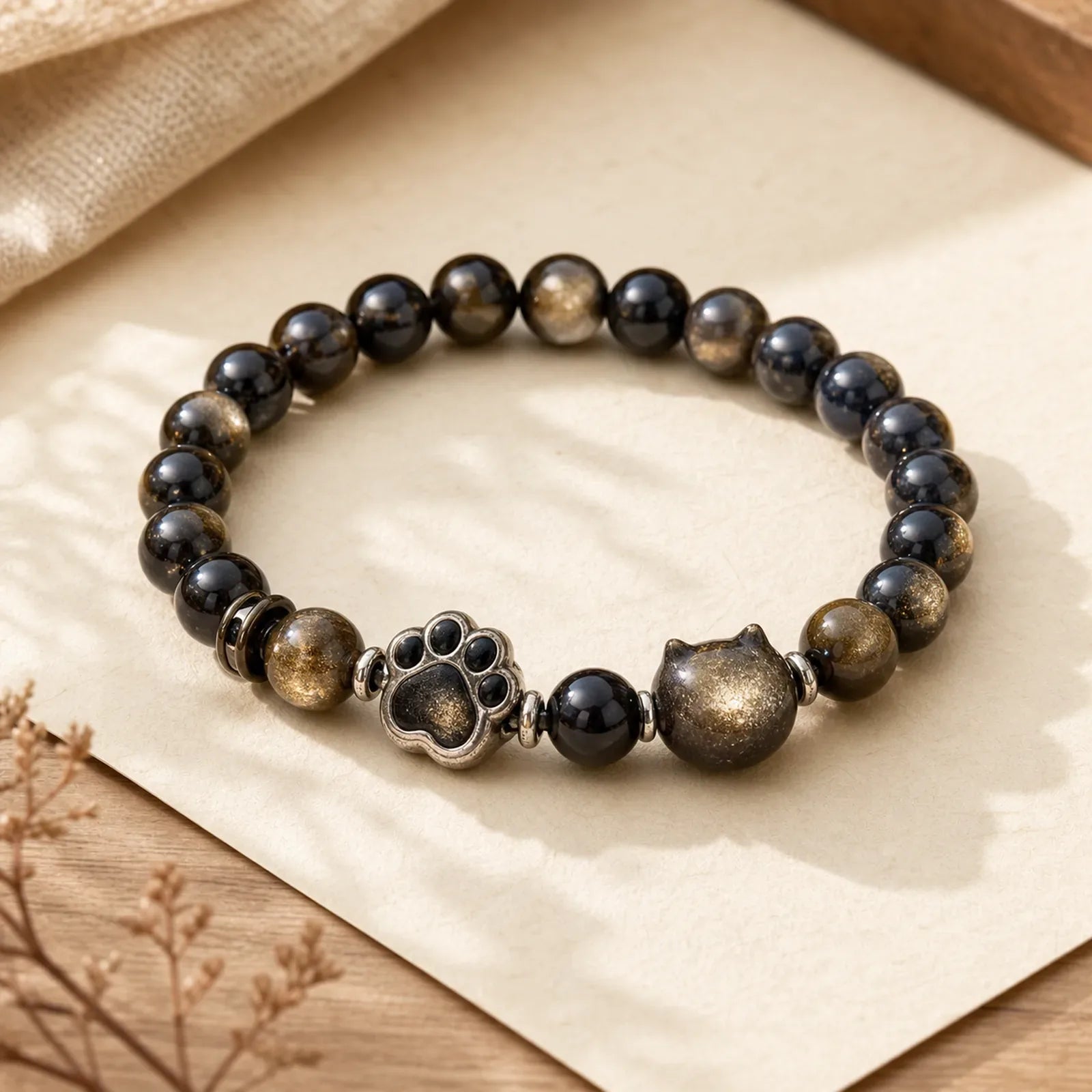 Gold Sheen Obsidian Silver Sheen Obsidian Lovely Paw Lucky Cat Protection Bracelet featuring Gold Sheen Obsidian, Obsidian, Silver