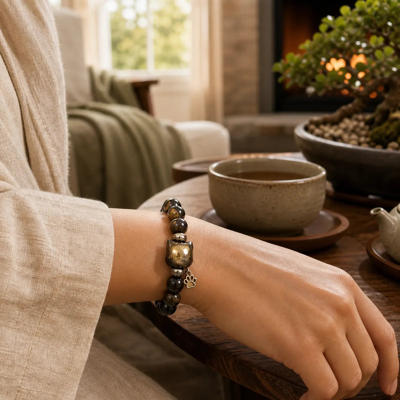 Gold Sheen Obsidian Silver Sheen Obsidian Lovely Paw Lucky Cat Protection Bracelet featuring Gold Sheen Obsidian, Obsidian, Silver
