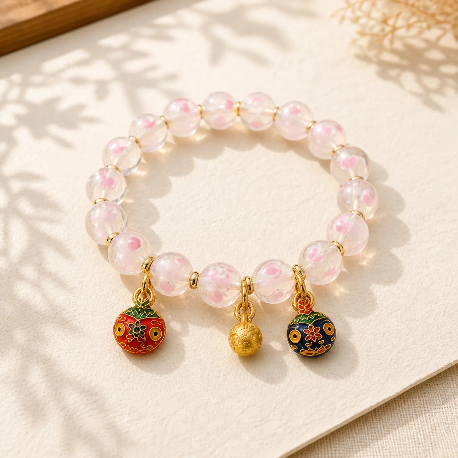Gold Swallowing Beast Family Charm Luminous Pink Love Heart Fluorescent Liuli Glass Bead Blessings Bracelet featuring