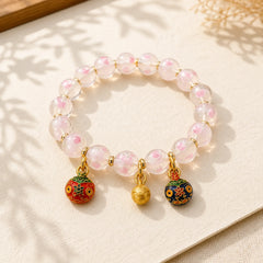 Gold Swallowing Beast Family Charm Luminous Pink Love Heart Fluorescent Liuli Glass Bead Blessings Bracelet featuring