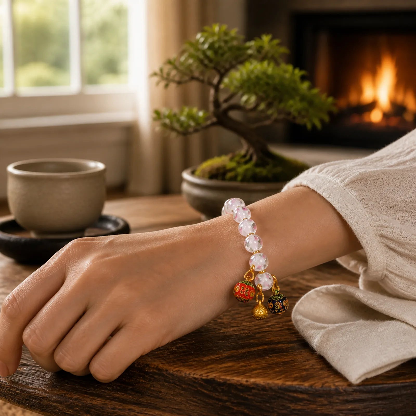 Gold Swallowing Beast Family Charm Luminous Pink Love Heart Fluorescent Liuli Glass Bead Blessings Bracelet featuring