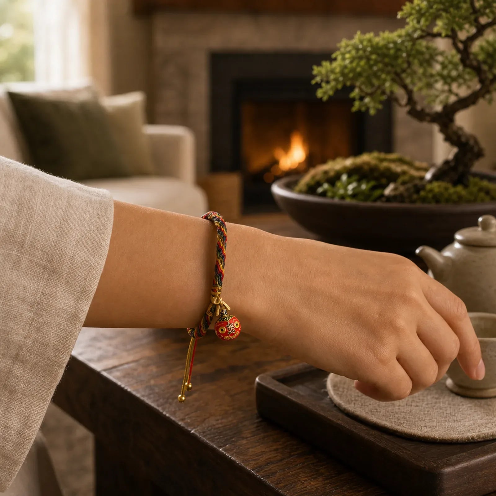 Gold Swallowing Beast Family Luck Reincarnation Knot Colorful String Bracelet featuring Red String