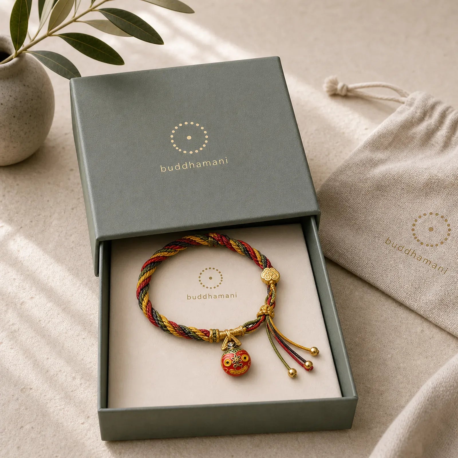 Gold Swallowing Beast Family Luck Reincarnation Knot Colorful String Bracelet featuring Red String