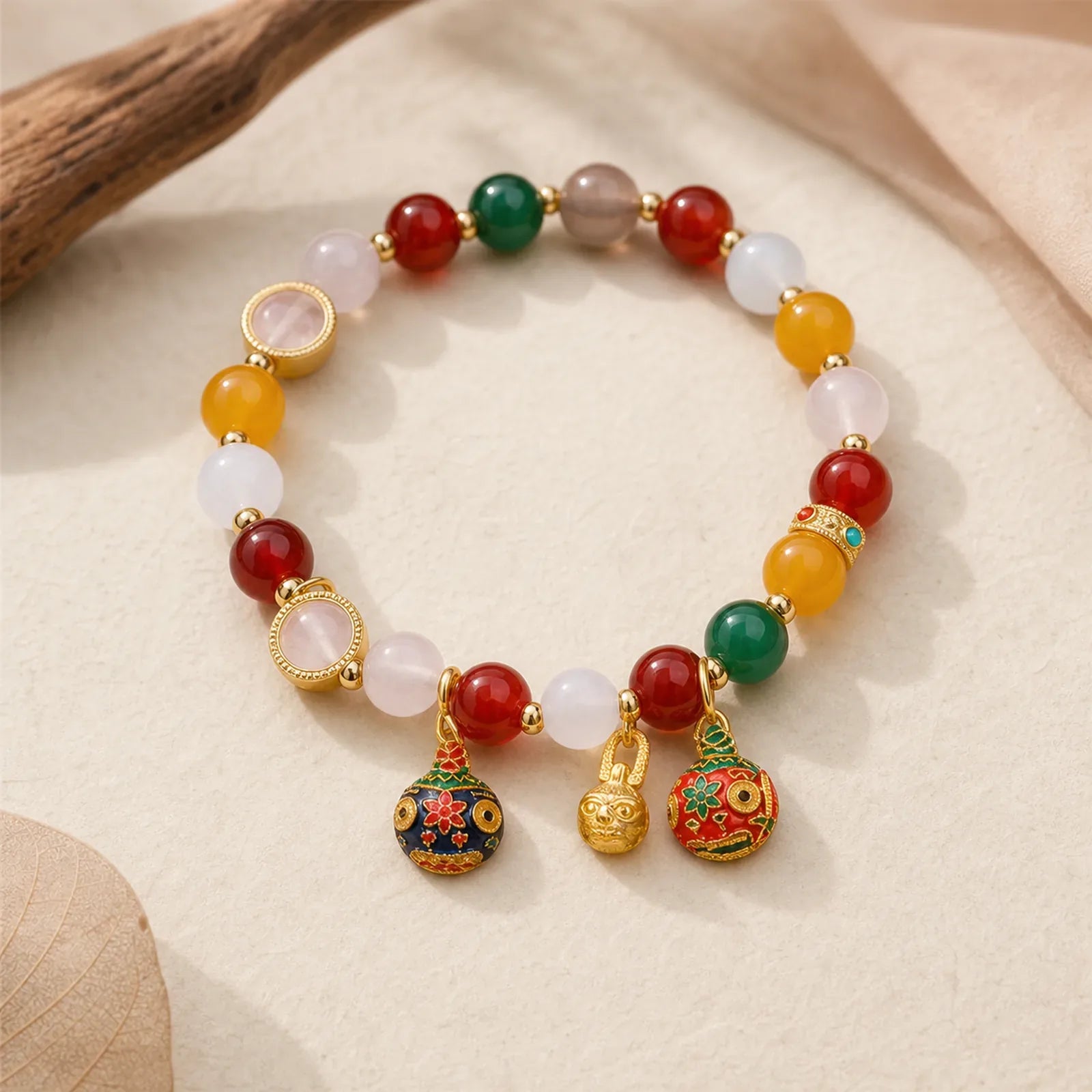 Gold Swallowing Beast Family Various Agate Crystal Success Bracelet (Extra 35% Off | USE CODE: FS35) featuring Green Agate, Red Agate, Yellow Agate