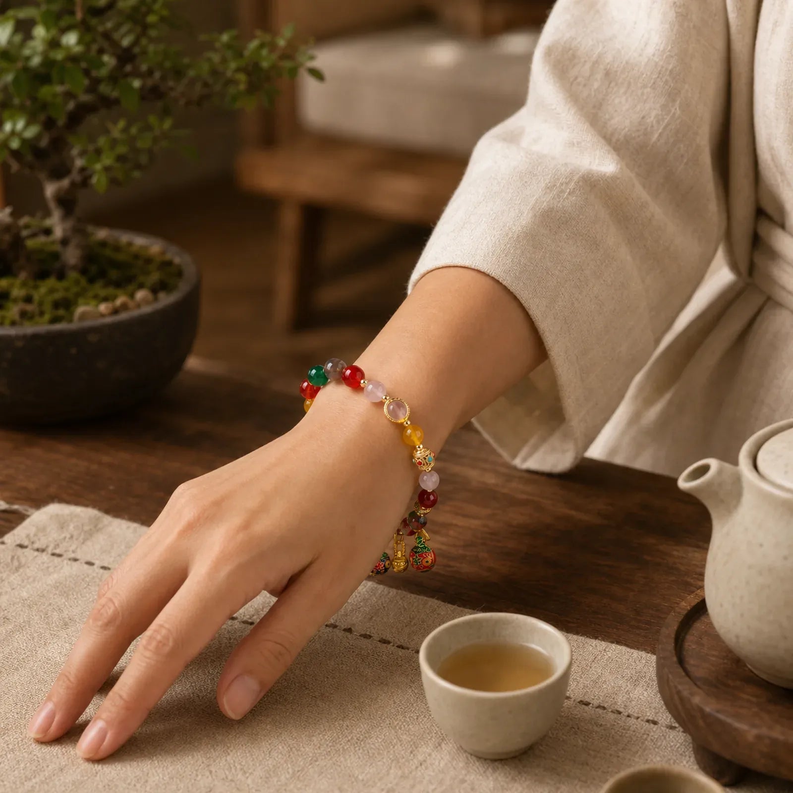 Gold Swallowing Beast Family Various Agate Crystal Success Bracelet (Extra 35% Off | USE CODE: FS35) featuring Green Agate, Red Agate, Yellow Agate