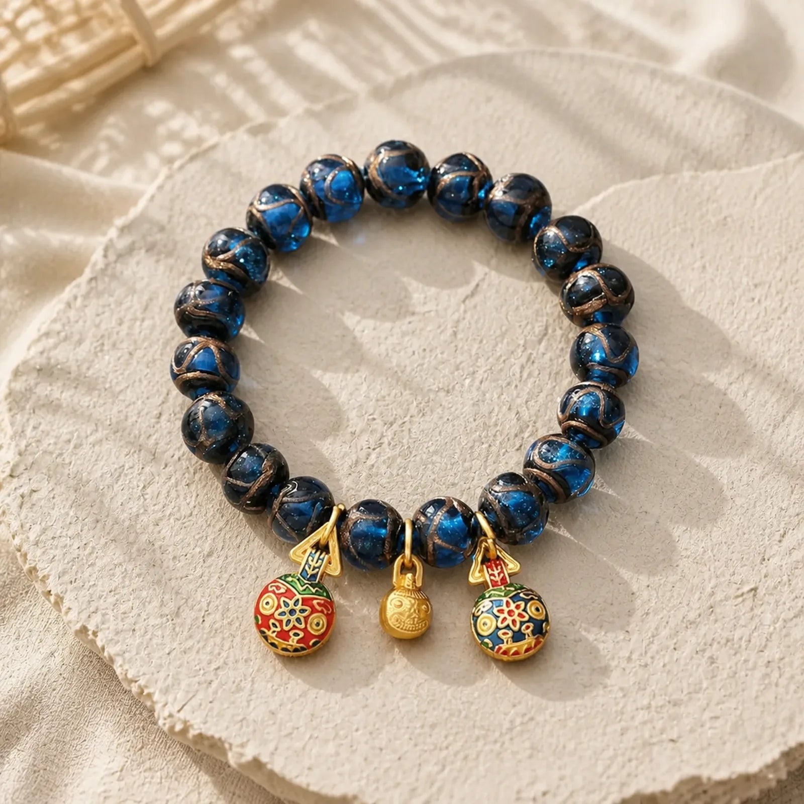 Gold Swallowing Beast Luck Charm Blue Liuli Glass Bead Fortune Bracelet featuring Five Elements, Copper