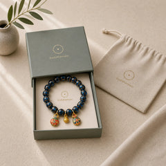 Gold Swallowing Beast Luck Charm Blue Liuli Glass Bead Fortune Bracelet featuring Five Elements, Copper