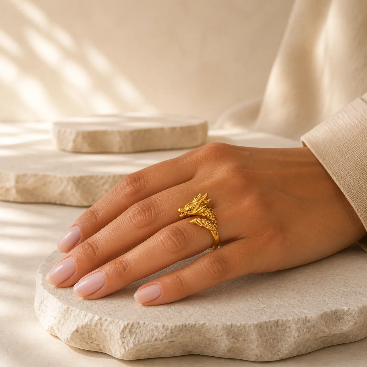 Golden Dragon Success Strength Ring featuring Dragon, The Phoenix, Phoenix