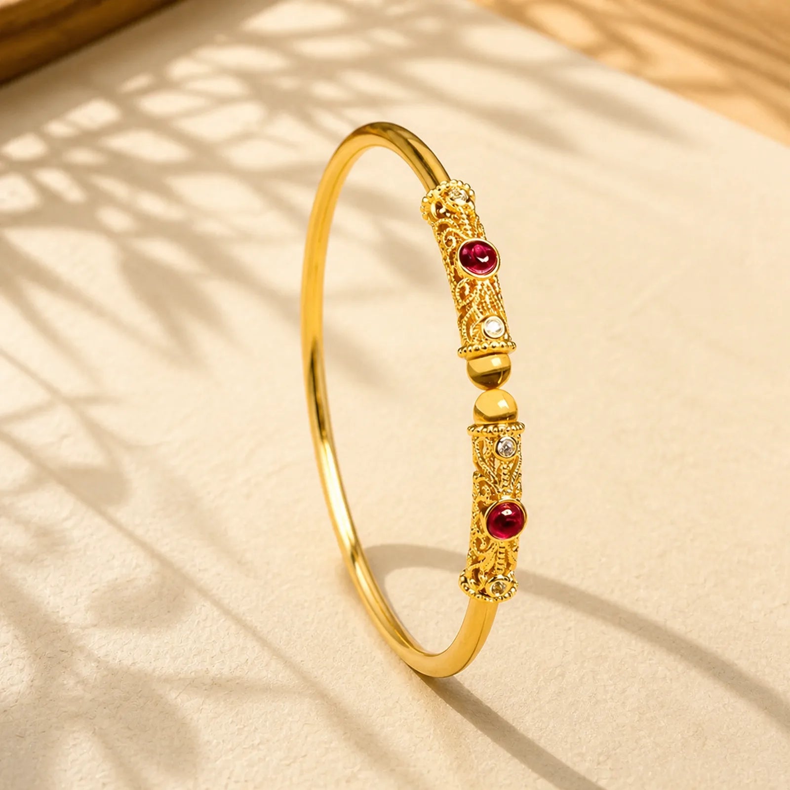 Golden Flower Pattern Red Zircon Amber Copper Luck Cuff Bracelet Bangle featuring Amber, Copper