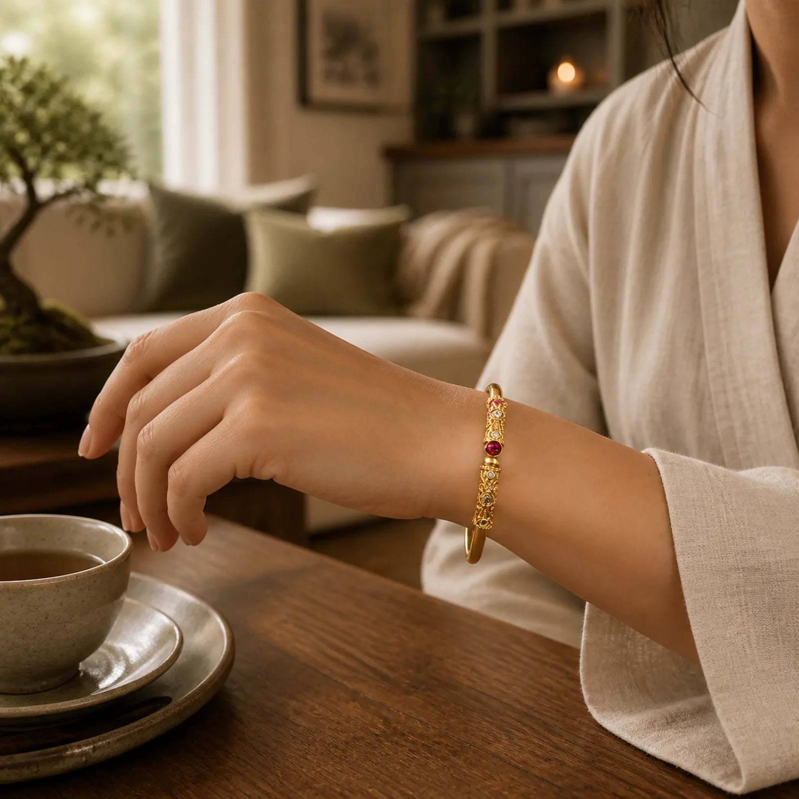 Golden Flower Pattern Red Zircon Amber Copper Luck Cuff Bracelet Bangle featuring Amber, Copper