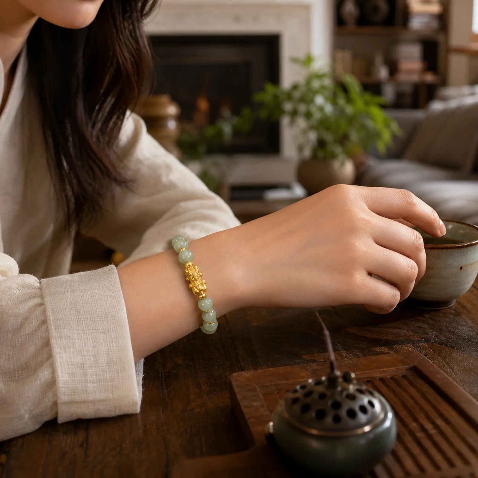 Golden Pi Xiu Charm Jade Luck Prosperity Beaded Bracelet featuring Pixiu, Jade