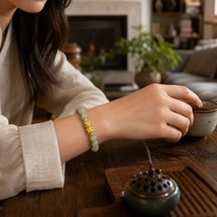 Golden Pi Xiu Charm Jade Luck Prosperity Beaded Bracelet featuring Pixiu, Jade