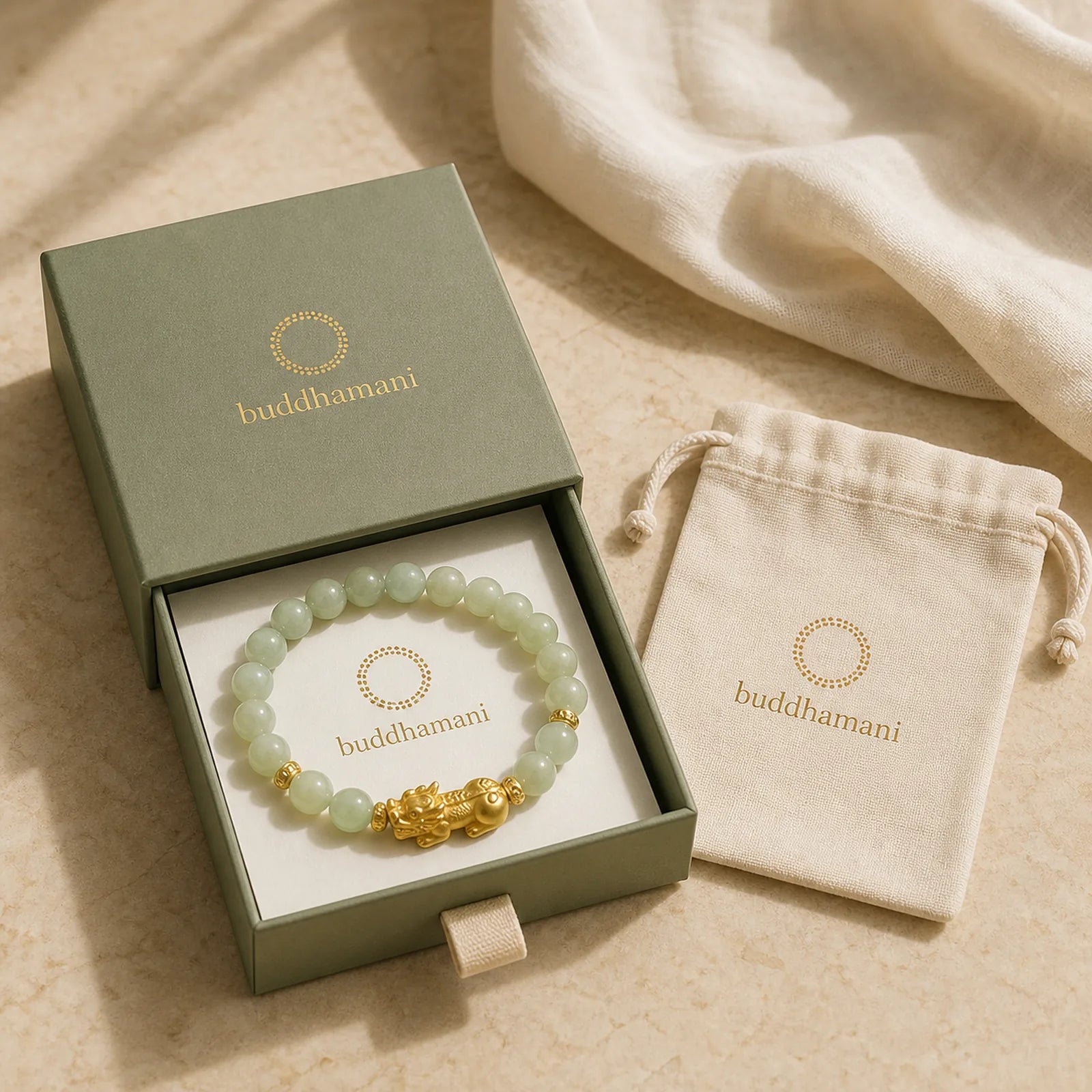Golden Pi Xiu Charm Jade Luck Prosperity Beaded Bracelet featuring Pixiu, Jade
