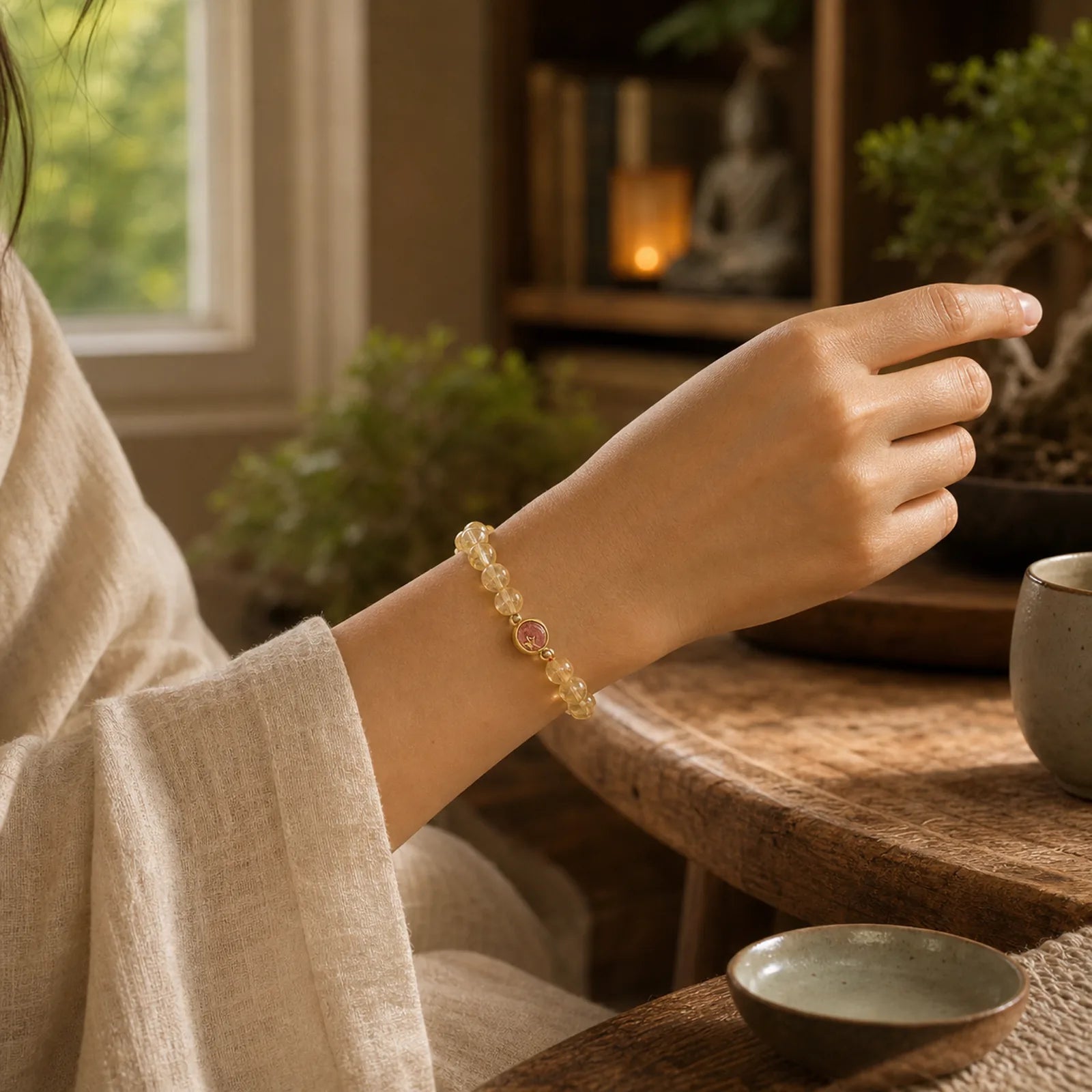 Golden Rutilated Quartz Strawberry Quartz Star Protection Bracelet featuring Rutilated Quartz, Strawberry Quartz