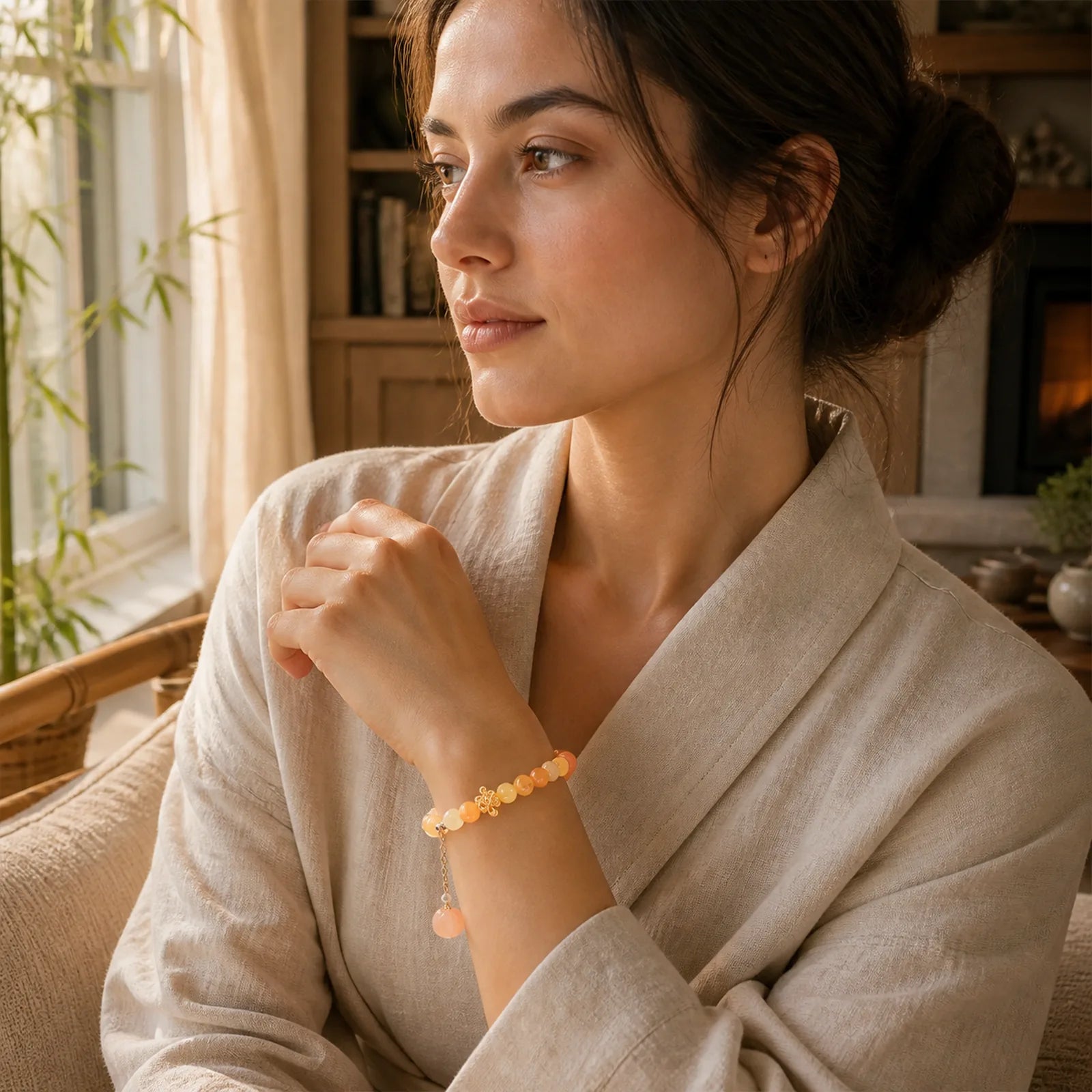 Golden Silk Jade Chinese Knotting Pumpkin Wealth Bracelet featuring Golden Silk Jade, Chinese Knotting, Copper