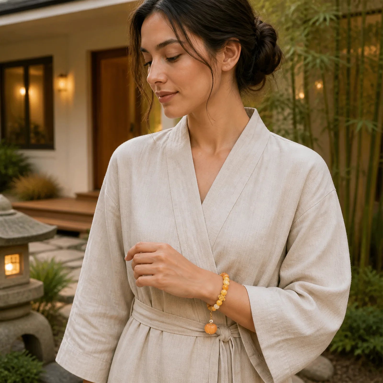 Golden Silk Jade Chinese Knotting Pumpkin Wealth Bracelet featuring Golden Silk Jade, Chinese Knotting, Copper