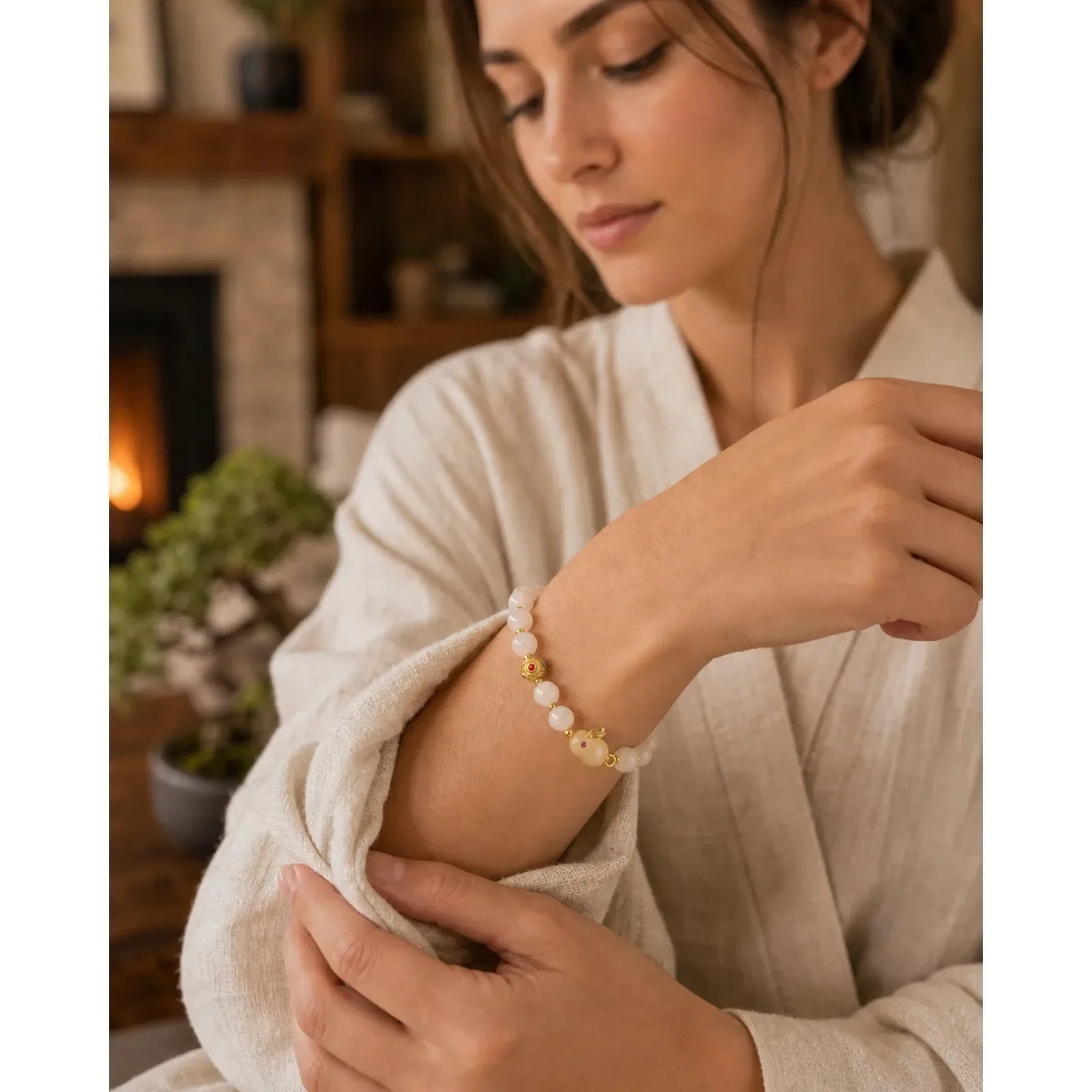 Golden Silk Jade Cute Rabbit Luck Bracelet featuring Golden Silk Jade, Copper