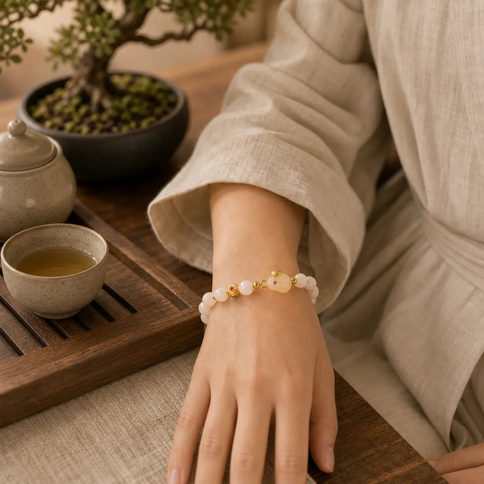 Golden Silk Jade Cute Rabbit Luck Bracelet featuring Golden Silk Jade, Copper