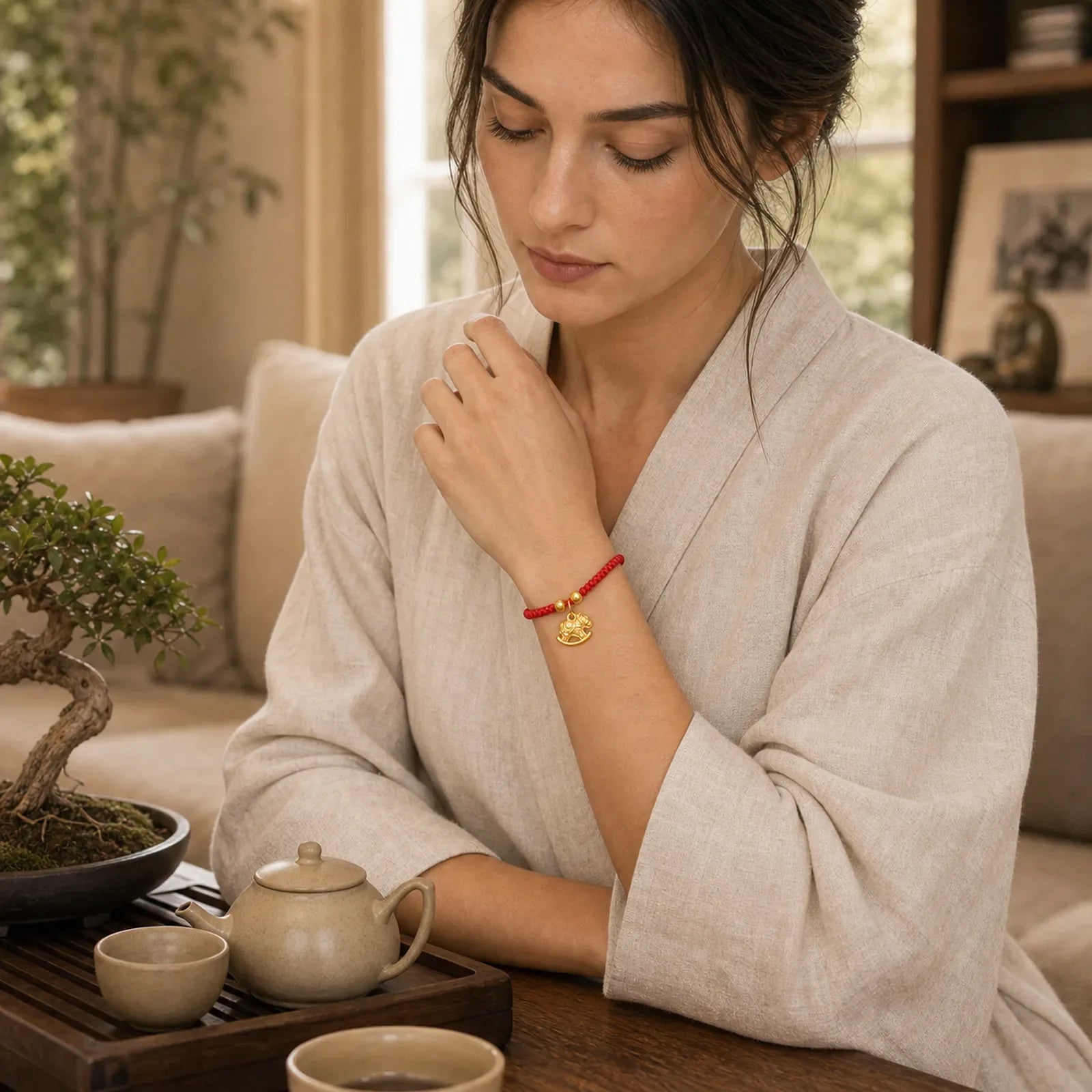 Golden Year Of The Horse Red String Copper Strength Braided Bracelet featuring Horse, Red String, Copper