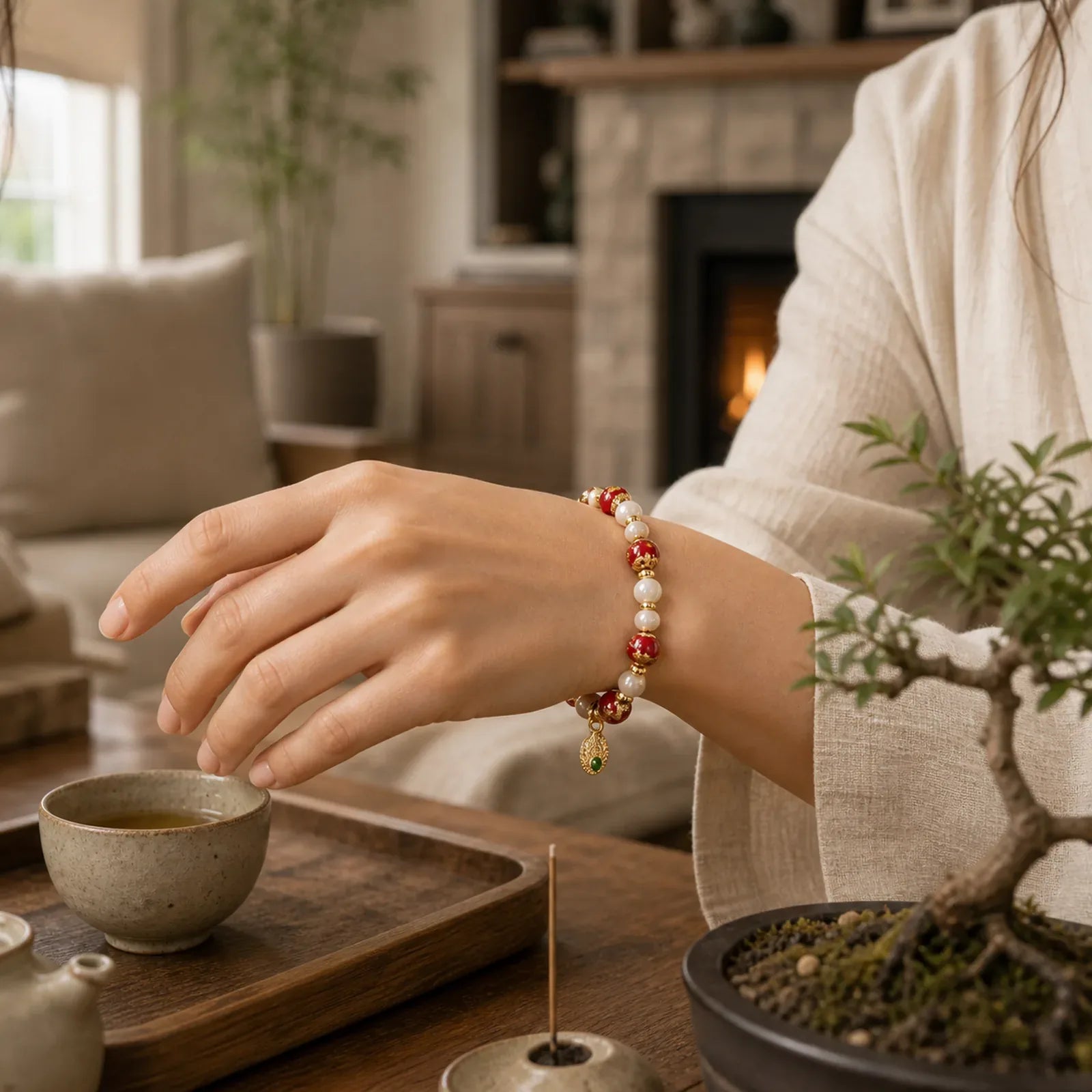Gourd God Of Wealth Charm Fortune Liuli Glass Bead Incense Ash Porcelain Bead Bracelet featuring Five Elements, Pearl