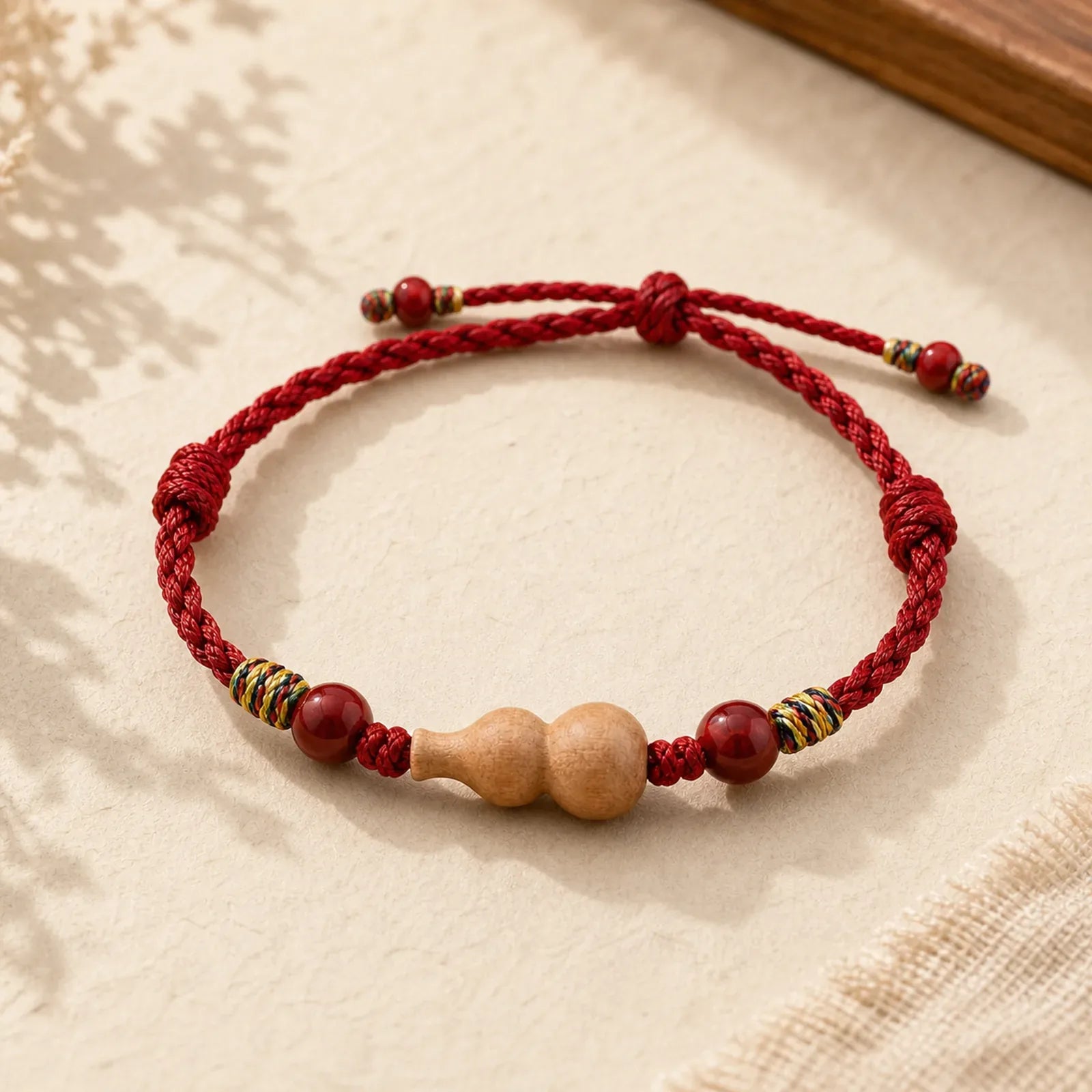 Gourd Peach Wood Rope Adjustable Wealth Luck Bracelet featuring Peach Wood, Red String, Cinnabar