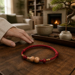 Gourd Peach Wood Rope Adjustable Wealth Luck Bracelet featuring Peach Wood, Red String, Cinnabar