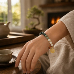 Gradient Bodhi Seed Amber Lotus Peace Bracelet featuring Bodhi Seed, Amber, Lotus