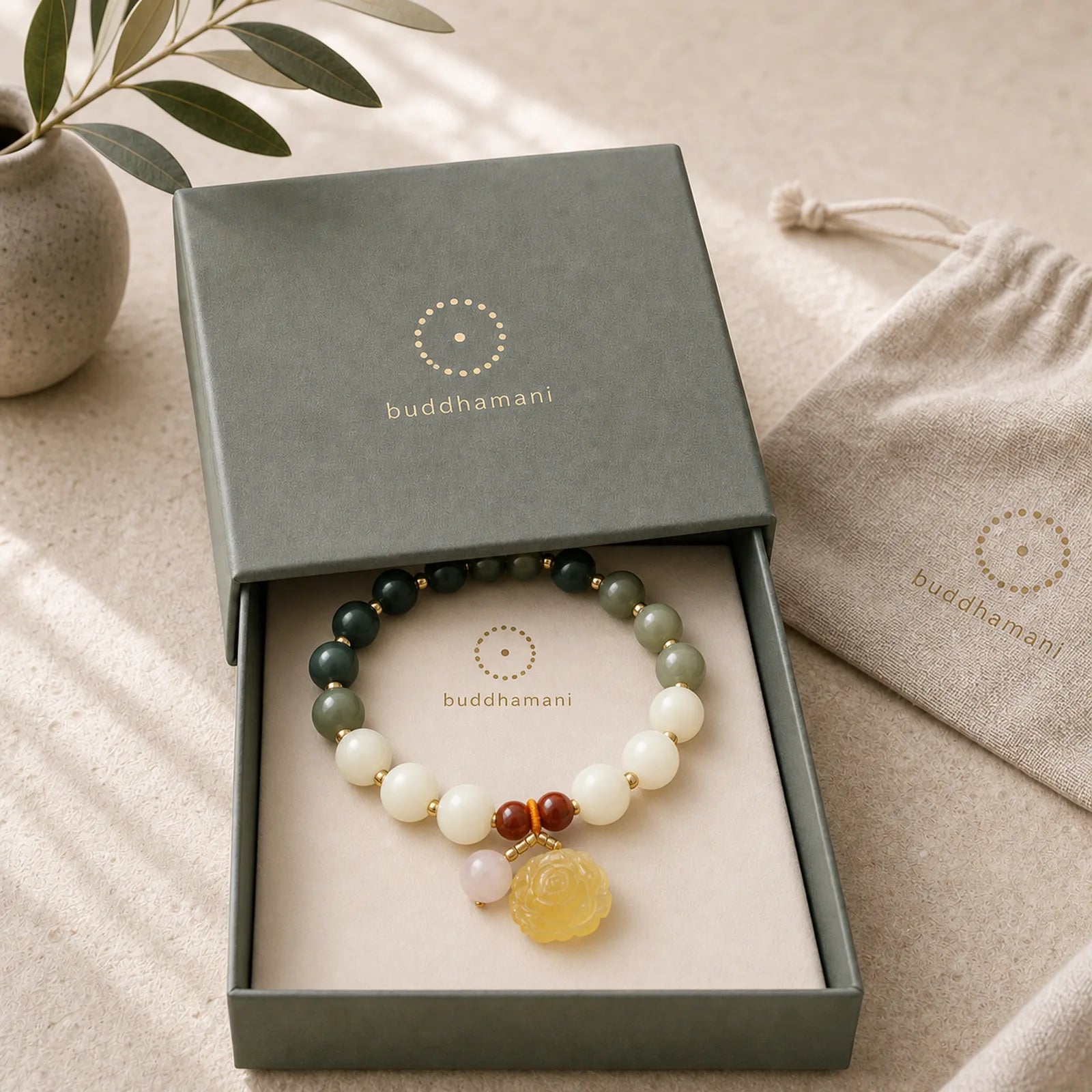 Gradient Bodhi Seed Amber Lotus Peace Bracelet featuring Bodhi Seed, Amber, Lotus