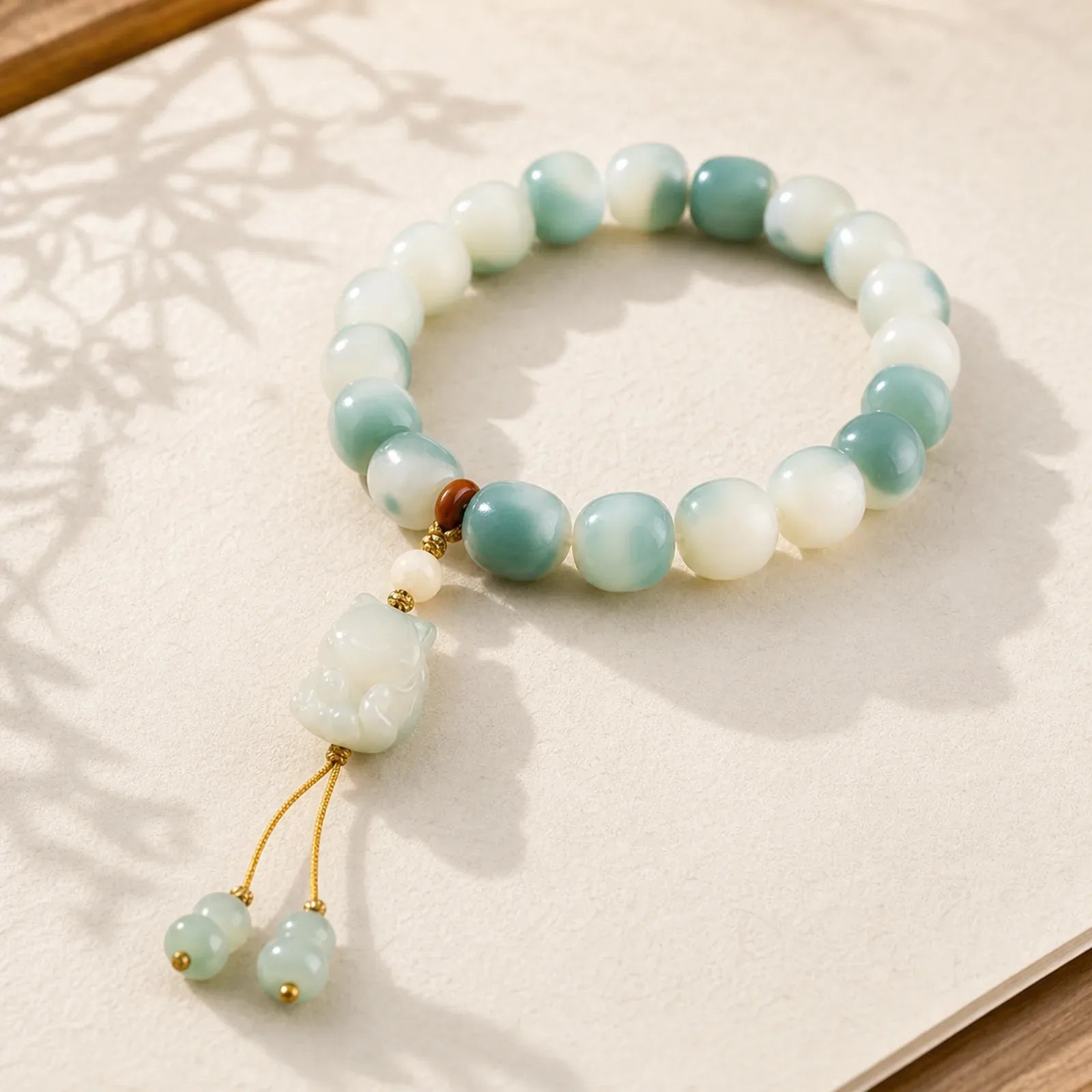 Gradient Bodhi Seed Nine Tailed Fox Cat Paw Claw Pine Cone Peace Bracelet (Extra 40% Off | USE CODE: FS40) featuring Bodhi Seed, Nine-Tailed Fox, Green Aventurine