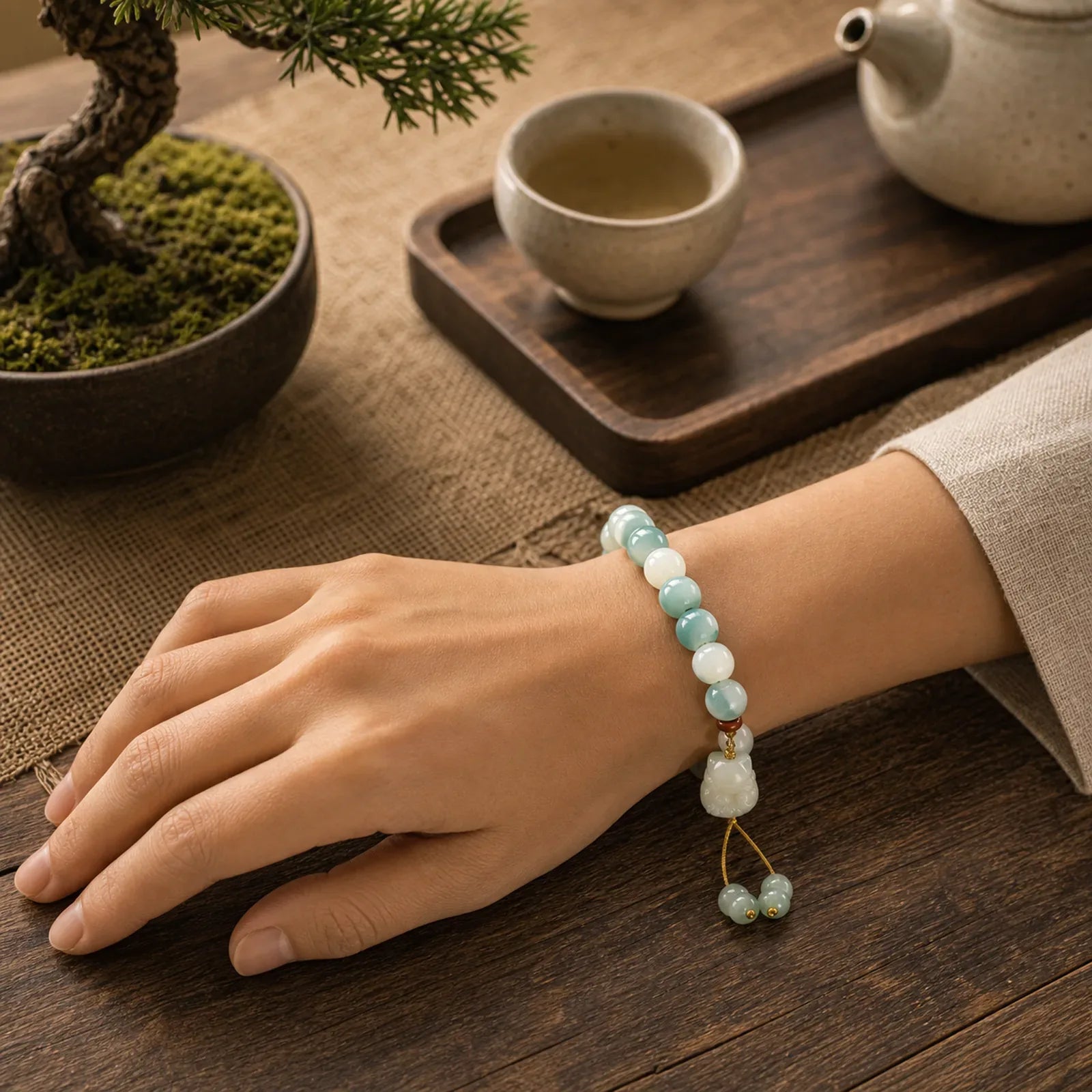 Gradient Bodhi Seed Nine Tailed Fox Cat Paw Claw Pine Cone Peace Bracelet (Extra 40% Off | USE CODE: FS40) featuring Bodhi Seed, Nine-Tailed Fox, Green Aventurine