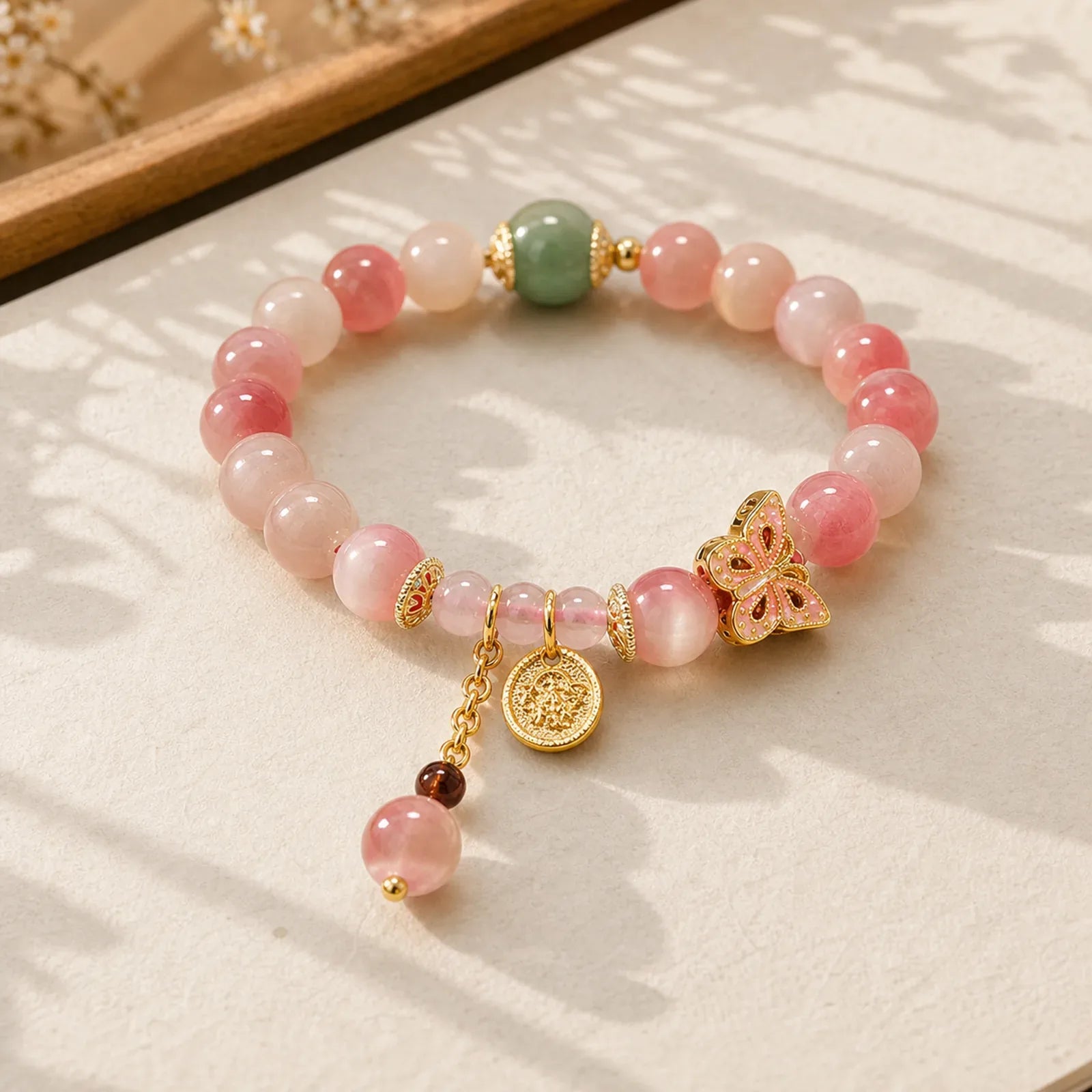 Gradient Pink Cat's Eye Butterfly Peace Bracelet featuring Cat's Eye / Chrysoberyl, Butterfly, Feng Shui Butterfly